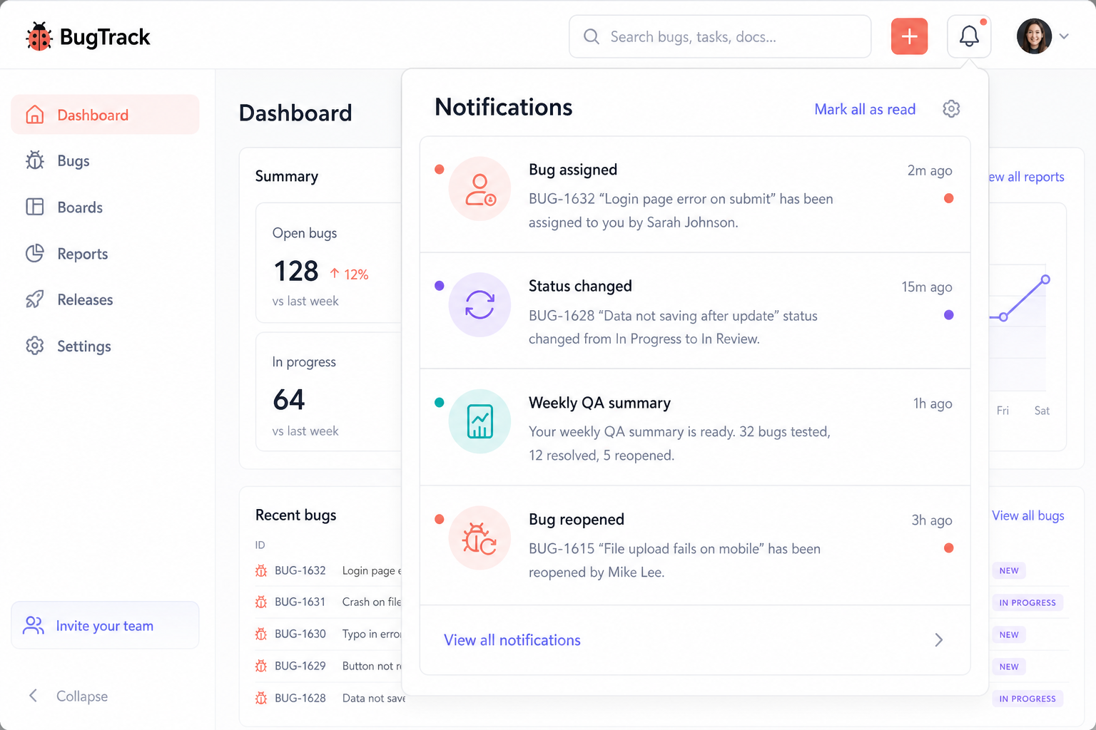 Notifications — BugTracker product screenshot